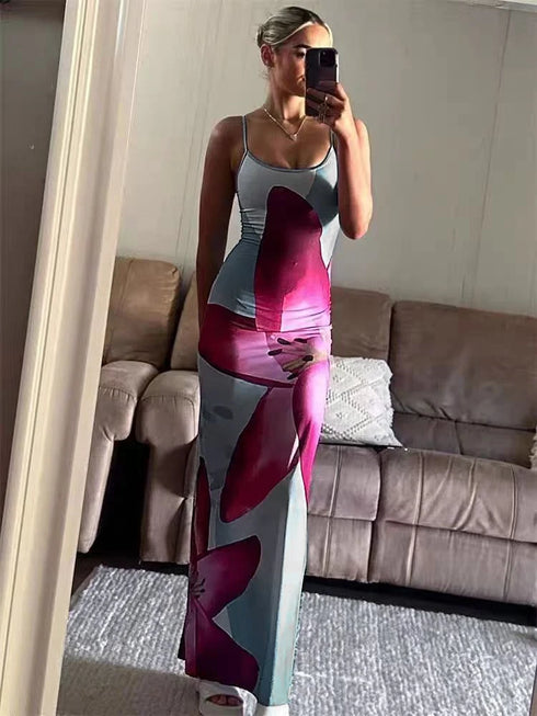 Sexy Party Maxi Dress For Women Summer Fashion Print Sleeveless Backless Bodycon Casual Club Elegant Strap Dress